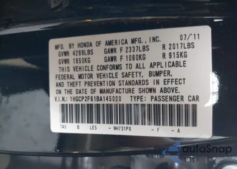 2011 Honda Accord 2.4 Se from USA, damaged, VIN 1HGCP2F61BA145000